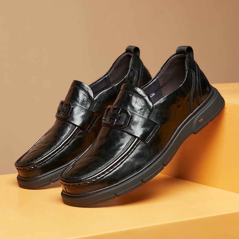 Formelle Herrenschuhe Loafer Retro-stil Runde Zehenpartie Rindsleder Metallschnalle - Schwarz