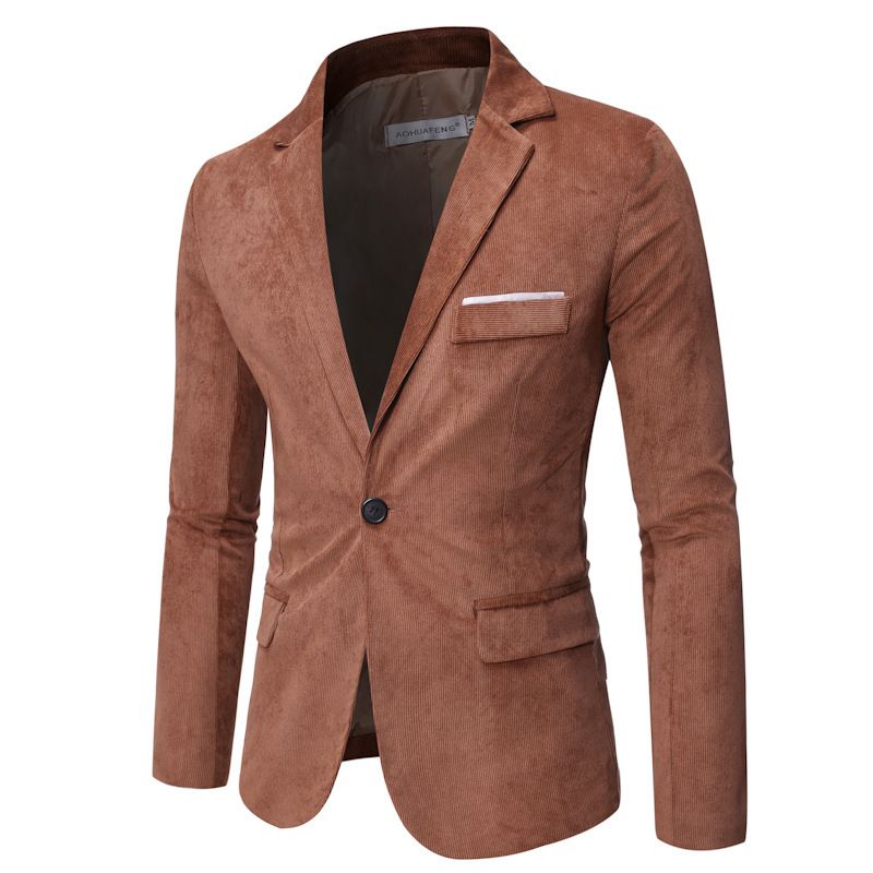 Herren Blazer Sportmantel Herbst / Winter Cord Slim Ein-knöpfen Pattentaschen - Khaki