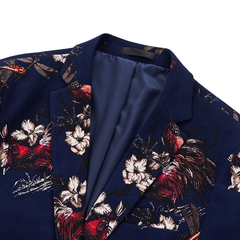 Herren-blazer Sportmantel Schmal Blumenmuster Botanisches Muster Ein Knopf - Blau