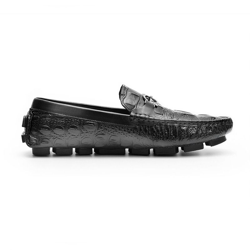 Herren Mokassin Loafer Alligator Muster Fahrschuhe Rindsleder Metallschnalle - Schwarz