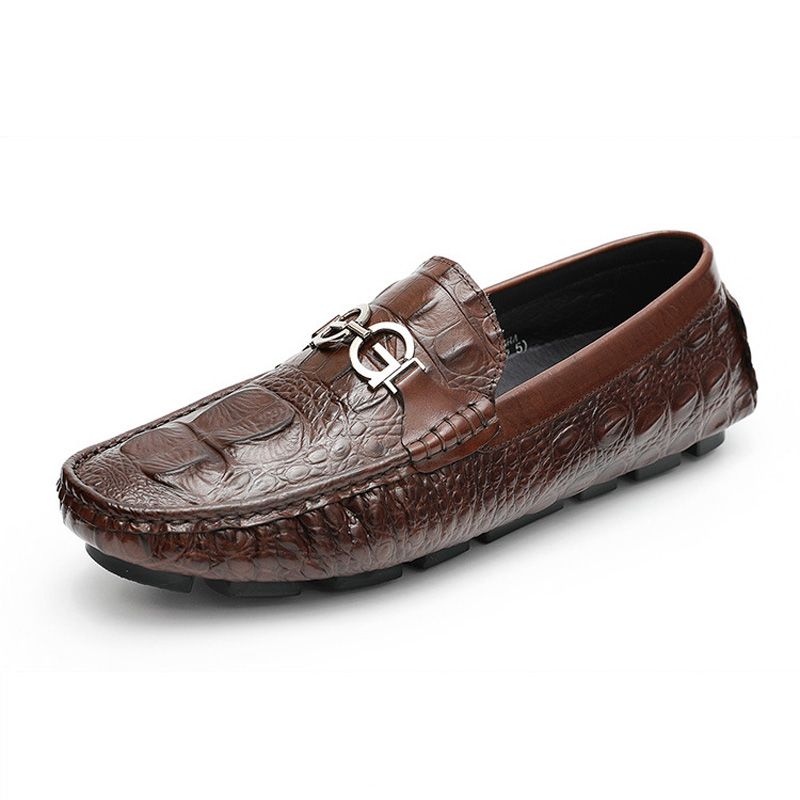 Herren Mokassin Loafer Alligator Muster Fahrschuhe Rindsleder Metallschnalle - Braun