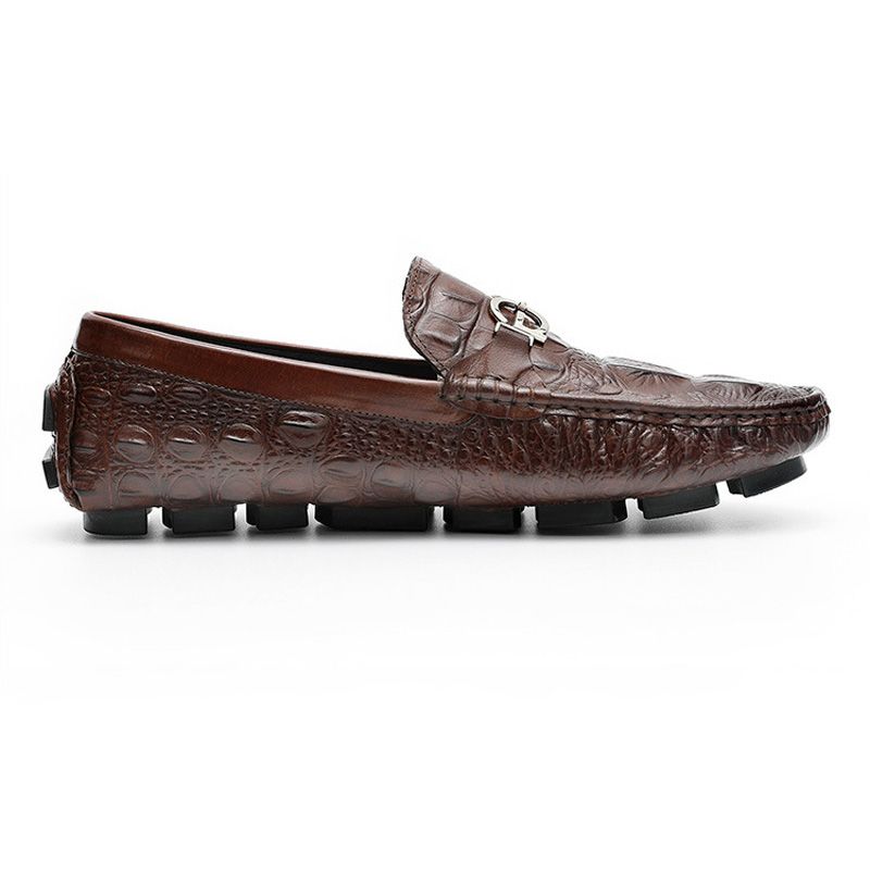 Herren Mokassin Loafer Alligator Muster Fahrschuhe Rindsleder Metallschnalle - Braun